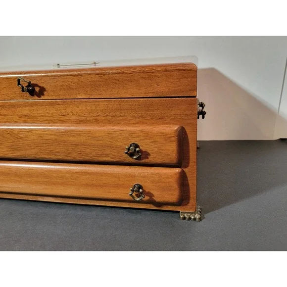 Vintage Wooden Jewelry Box Chest Organizer Yellow Felt Lined 2 Drawer Open Top - Picture 7 of 16